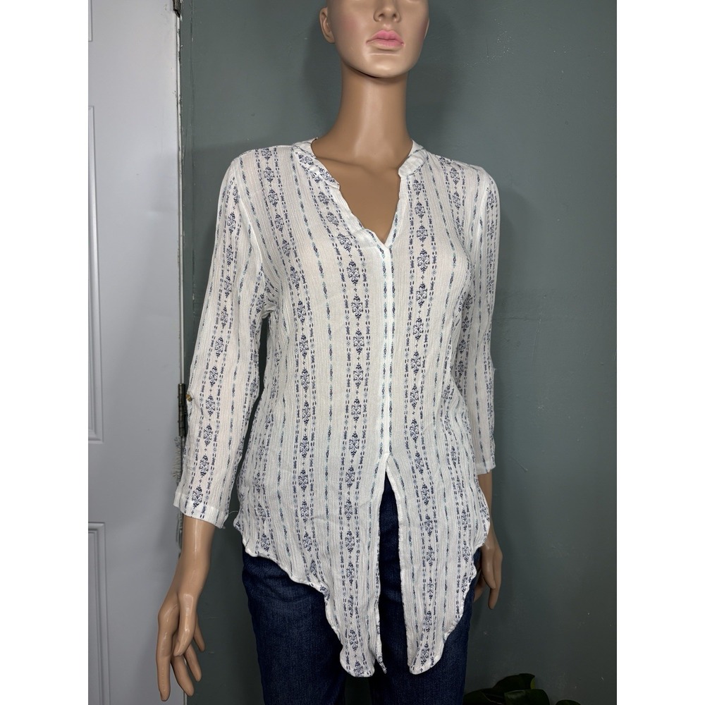 Bécool Striped Split Neck Tunic Blouse White/Blue 3/4 Sleeve Rayon M Lightweight